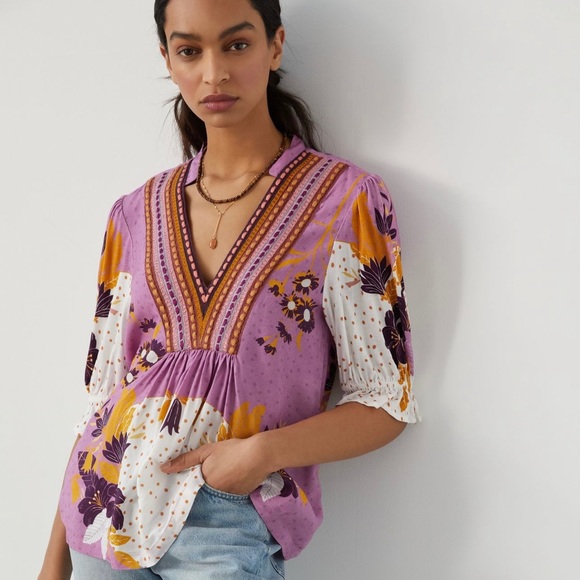 Anthropologie Tops - Bl-nk London Lavender and Mustard Floral V-Neck Blouse